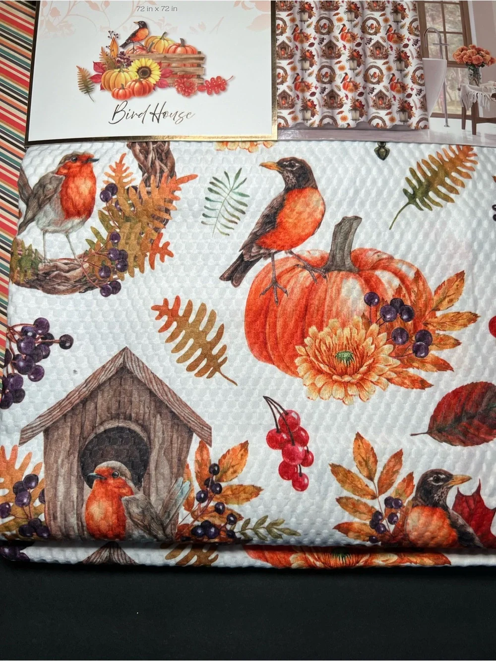 Autumn Birdhouse Textured Fabric Shower Curtain Birds Pumpkins Leaves Wreath